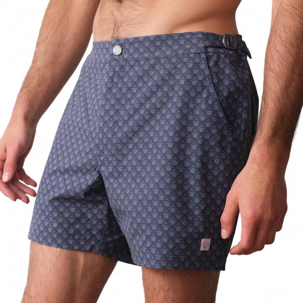 NEW MARINE LAYER diamond print 5" tailored swim trunk in mood indigo